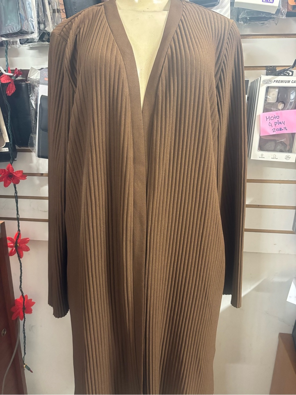 Long Ribbed Open-Front Cardigan - Brown